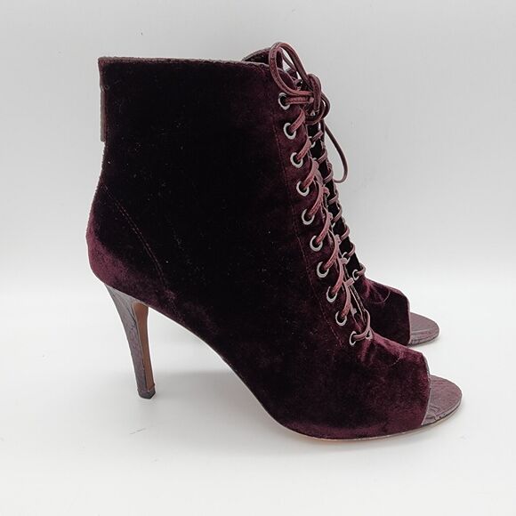 Donald Pliner Velvet Peep Toe Lace Up Bootie 8M Burgundy Ankle Witchy Whimsigoth - Picture 1 of 14
